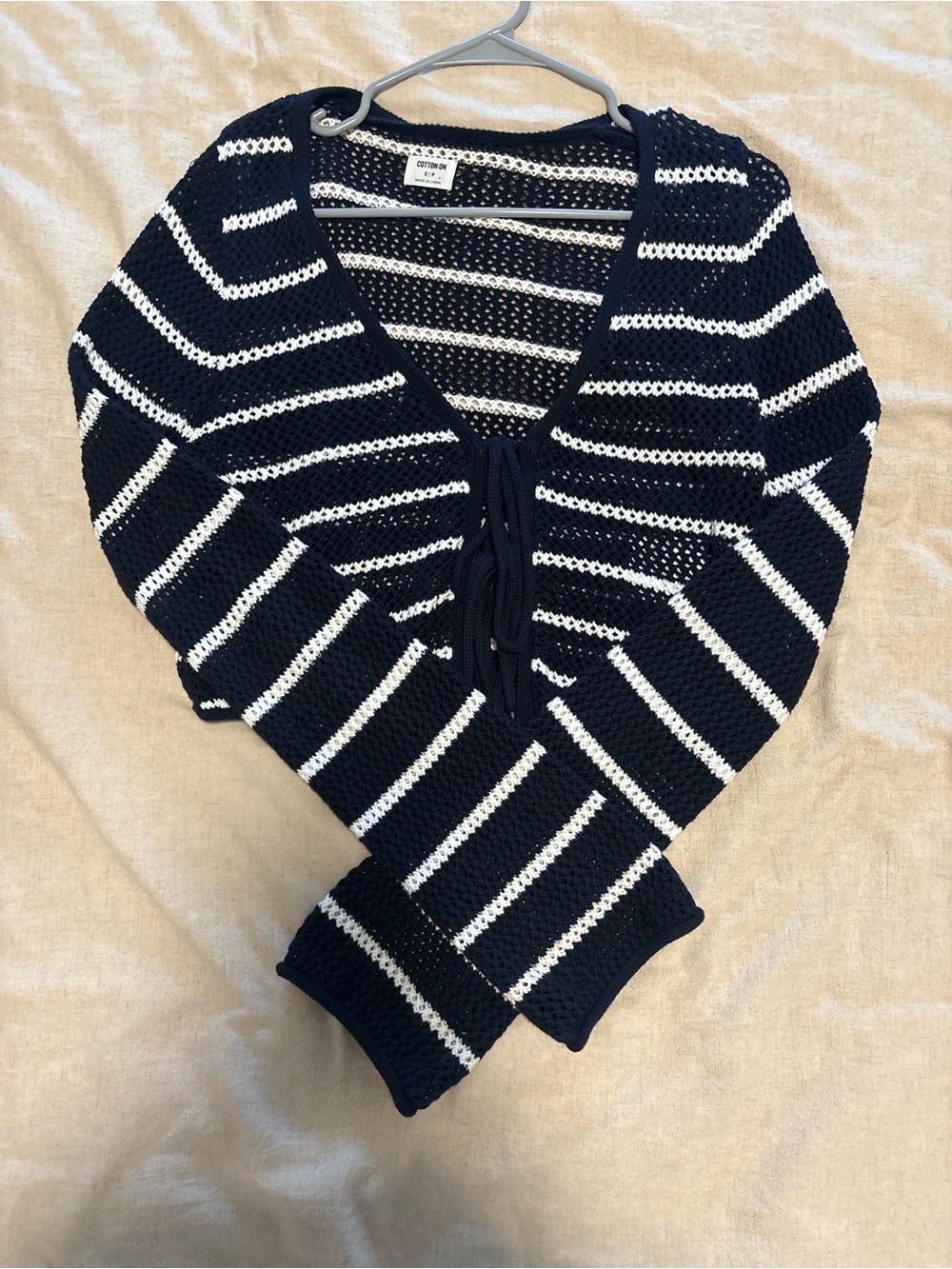 Cotton On Navy and White Striped V-Neck Tie-Front Sweater
